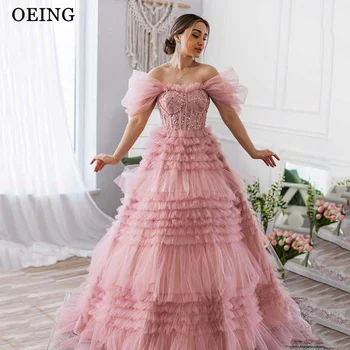 OEING Luxusní Růžová Večerní Elegantní Tyl Stupňovitý Plesové Šaty Pro Svatební Focení Korzet Zpět Odstupňovanou Volánky Party Šaty