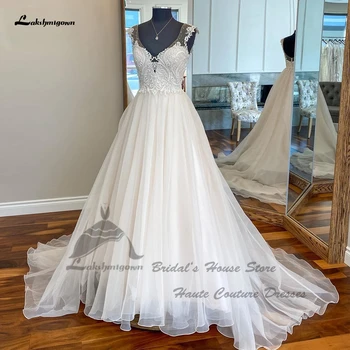 Lakshmigown Luxusní Princezna Svatební Šaty Pro Nevěstu 2022 Vestido Largo V Krku Boho Tyl Svatební Šaty S Hlubokým Výstřihem A Krátkými Rukávy