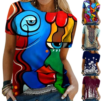 Ženy Letní Krátký Rukáv T-Košile High Street 3D Art Tisk Tees Dámy Květinové Tisk Příležitostné O-Neck T Shirt Feminina Camisetas